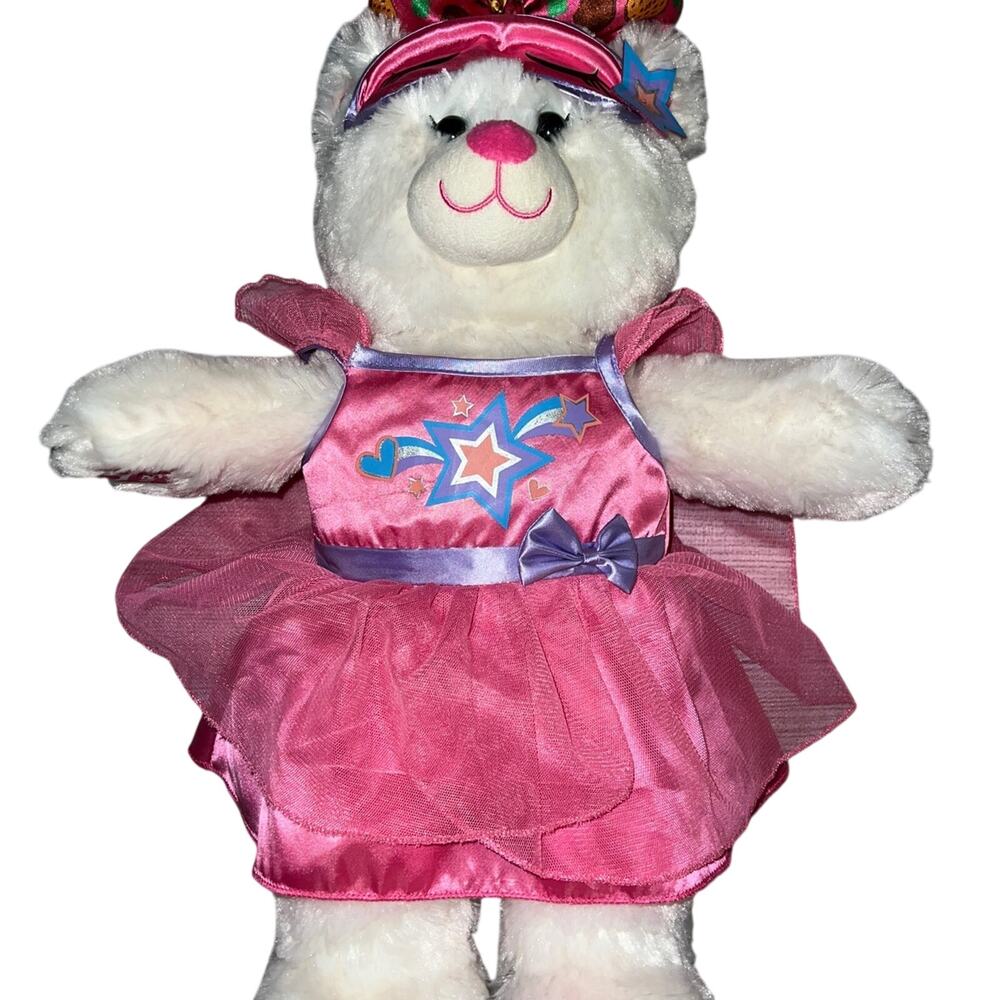 Build A Bear GIRL SCOUT COOKIE White BEAR W/Pink Bow, Stamped matching outfit